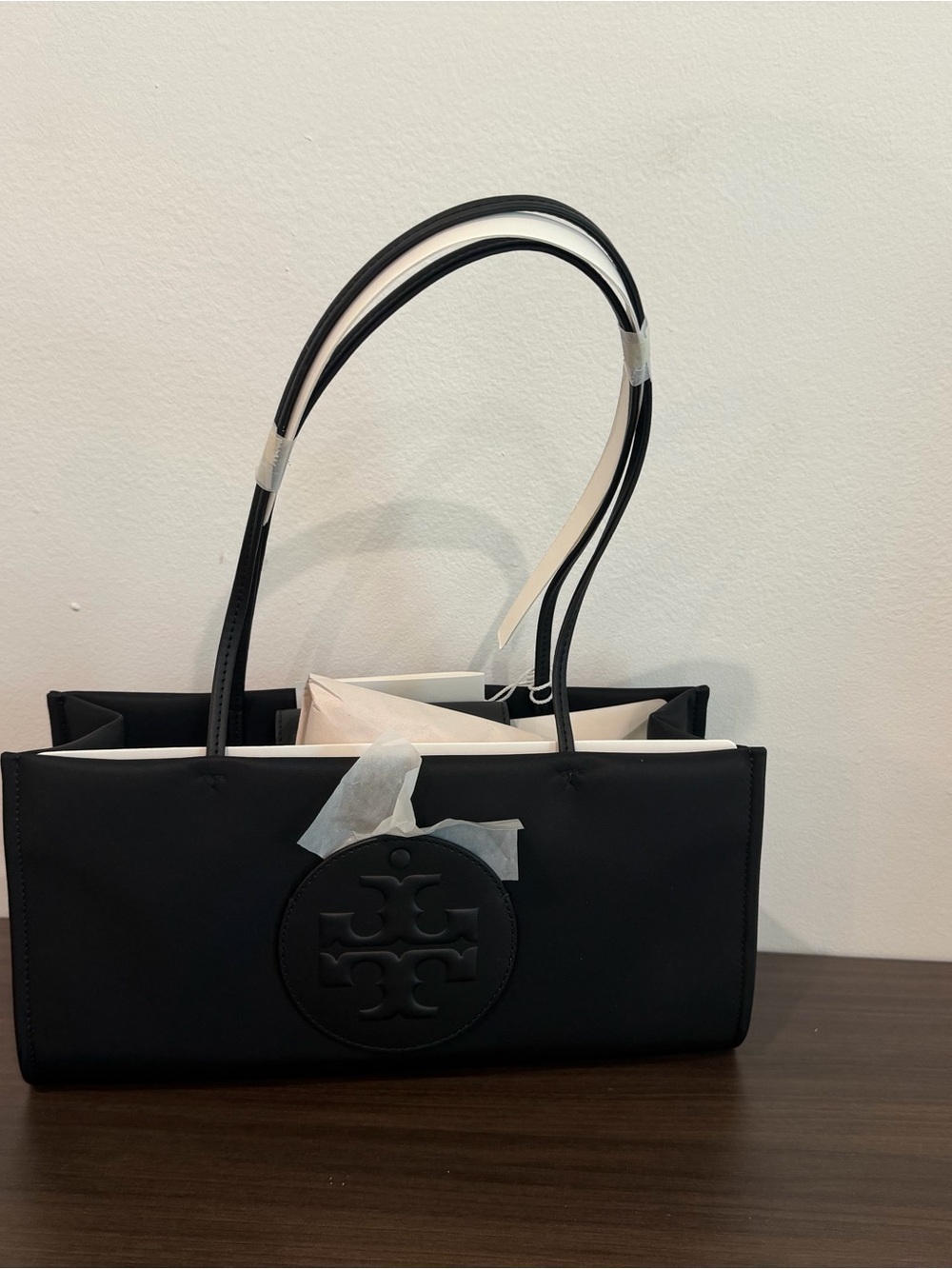 Tory Burch Black Leather Logo Tote with Contrasting White Handles